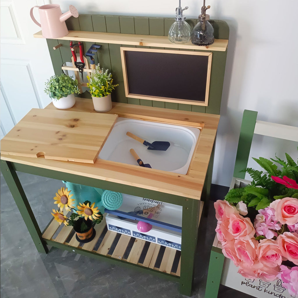 Potting Bench with Blackboard Removable Sink Hooks Double Shelf for Garden — image 2