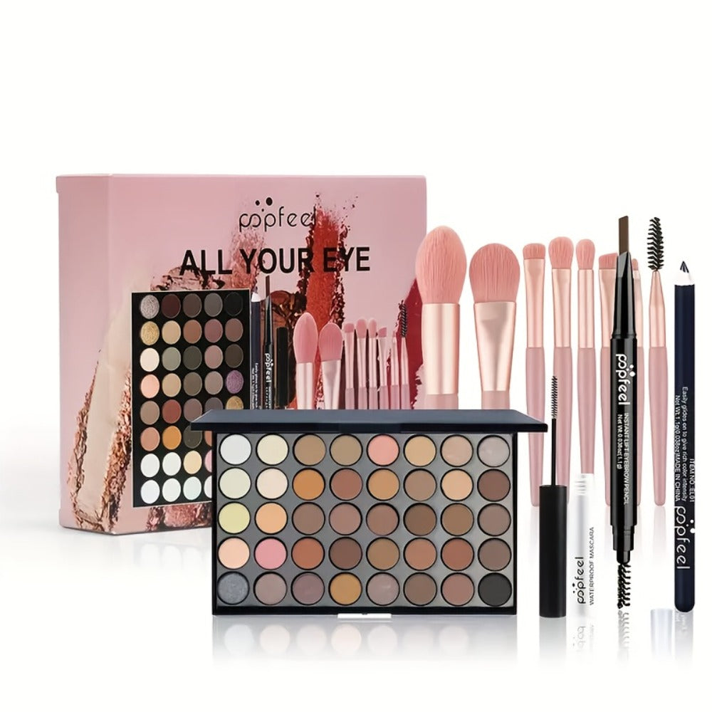 Makeup Kit with 40-Color Eyeshadow Palette, Mascara, Eyeliner, Eyebrow Pencil and Pink-Handled Brushes — image 1