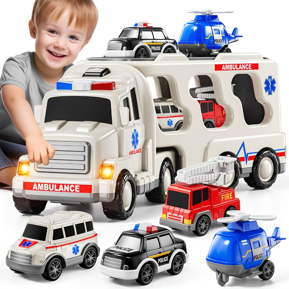 Ambulance Truck Toy 5-in-1 Carrier Set with Lights & Sounds, Friction Power Emergency Vehicle Playset for Kids Boys Ages 3+ —