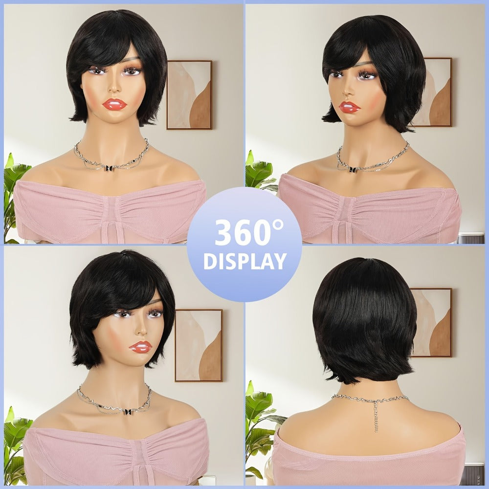 8-Inch Curly Pixie Bob Human Hair Wig in Black with Bangs, 150% Density and Machine-Made Cap — image 8