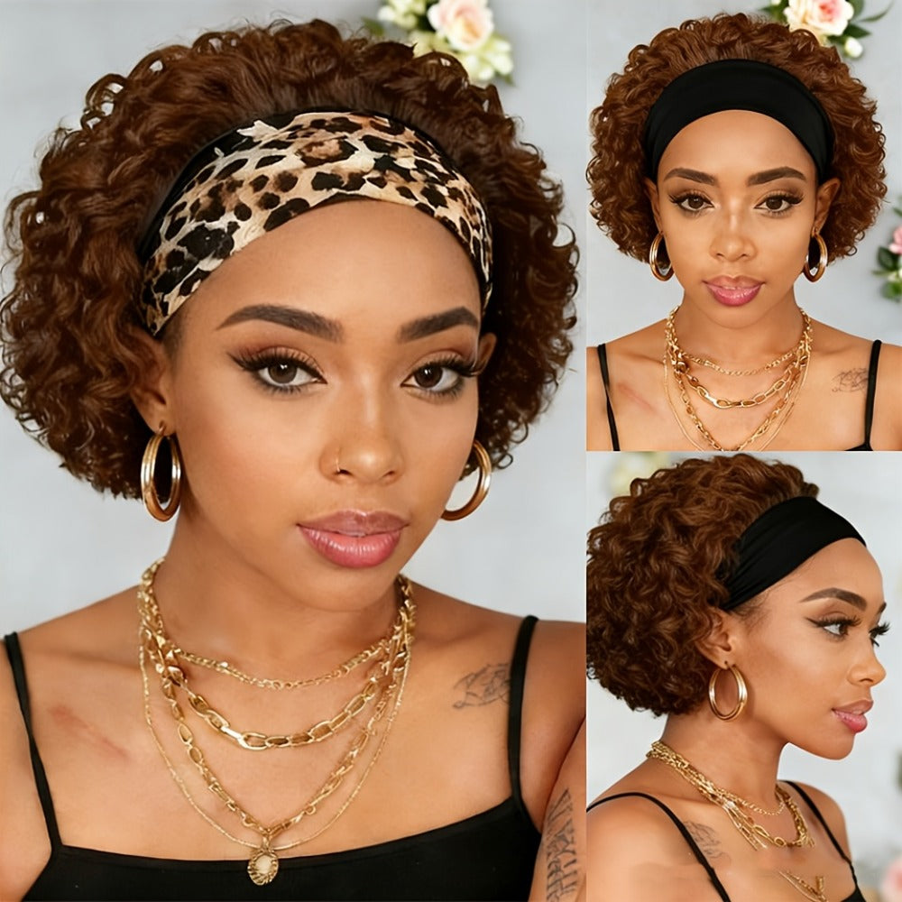 Kinky Curly Headband Wig Human Hair Brazilian 150% Density Glueless 6 Inch | No Glue No Gel Black Burgundy Rust | Beginner Fr