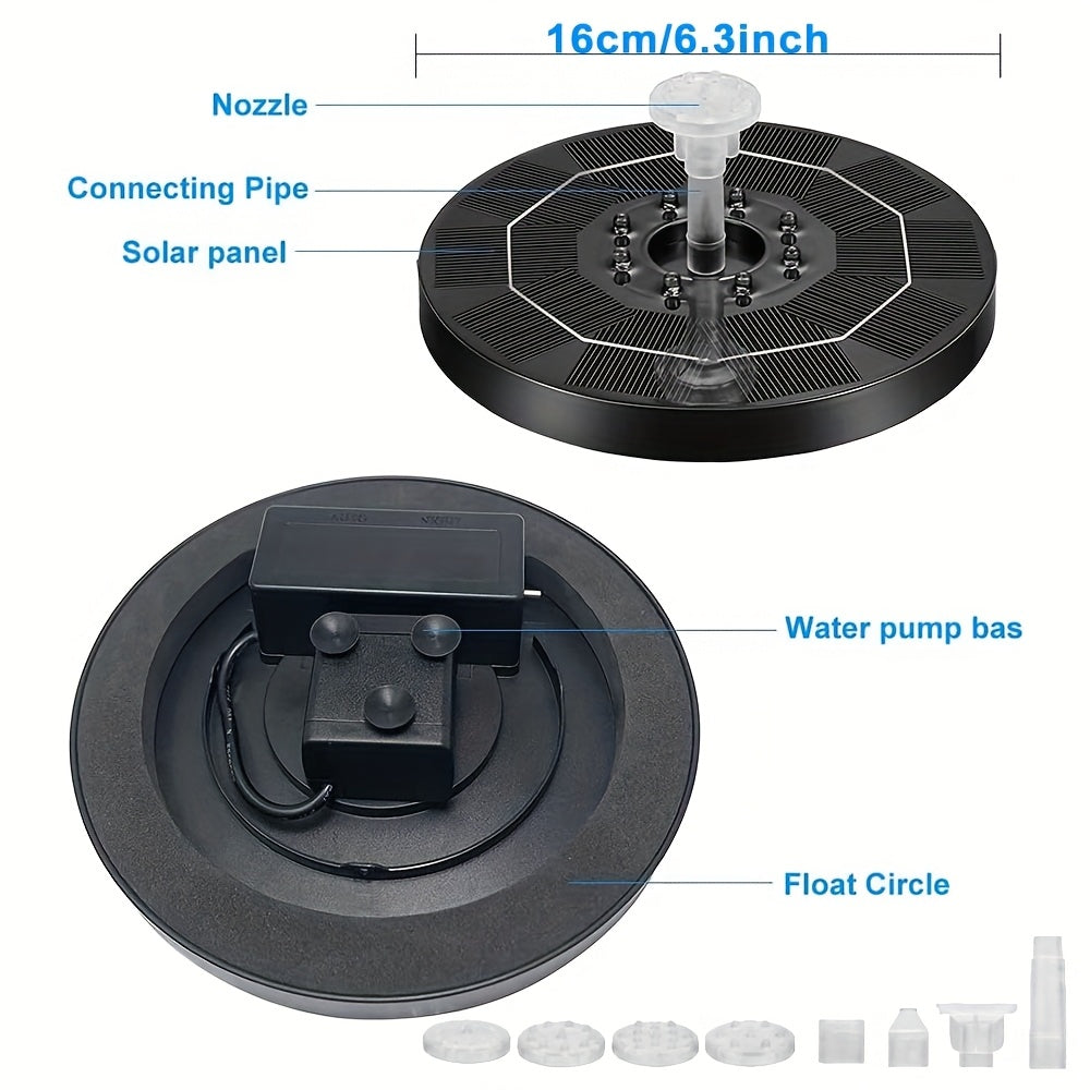 LED Solar Fountain Pump with 3W 16 cm Disc, 1500mAh Battery and Six Pictured Spray Combinations — image 1
