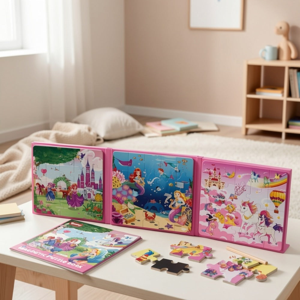 Magnetic Puzzle Book for Girls 3 4 5 6, 3-in-1 Unicorn Mermaid Princess Travel Puzzles, 20 Pieces Folding Magnetic Jigsaw for