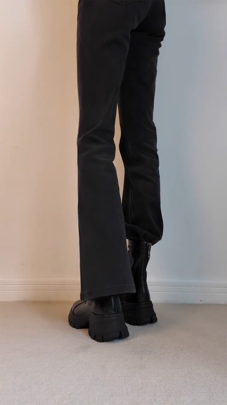 New Stylish Versatile Black Thick-soled Back Zipper Lace-up Motorcycle Boots