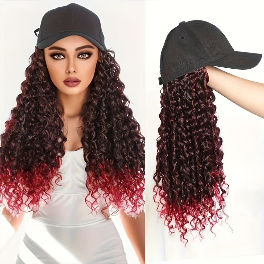 Afro Kinky Curly Baseball Cap Wig for Women 18 Inch Hat and Wig Combo Adjustable Elastic Net Long Synthetic Curly Hair Multi-
