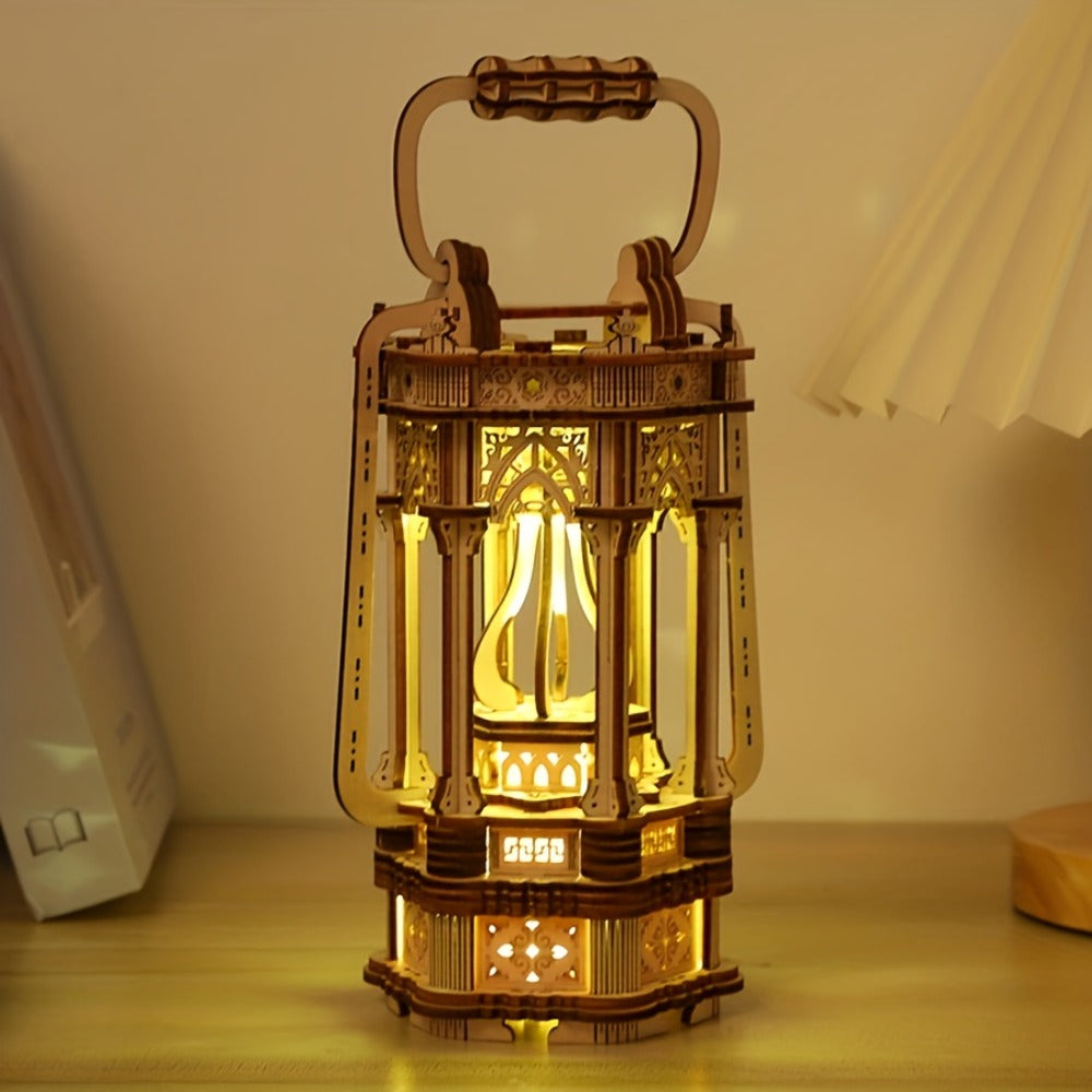 LED Wooden Lantern Model Kit, Rotating Mechanical 3D Wooden Puzzle for Adults & Teens, Glowing Vintage Desk Decor Display — i
