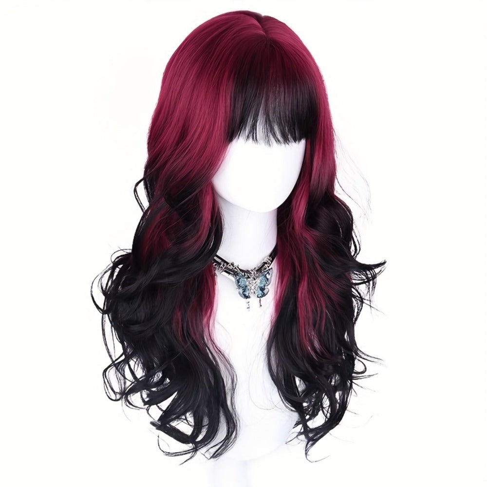 Long Curly Wig Black Red Highlights 28 Inch Wavy Synthetic Rose Net Cap Glamorous Voluminous Hair for Women Cosplay Party Hal