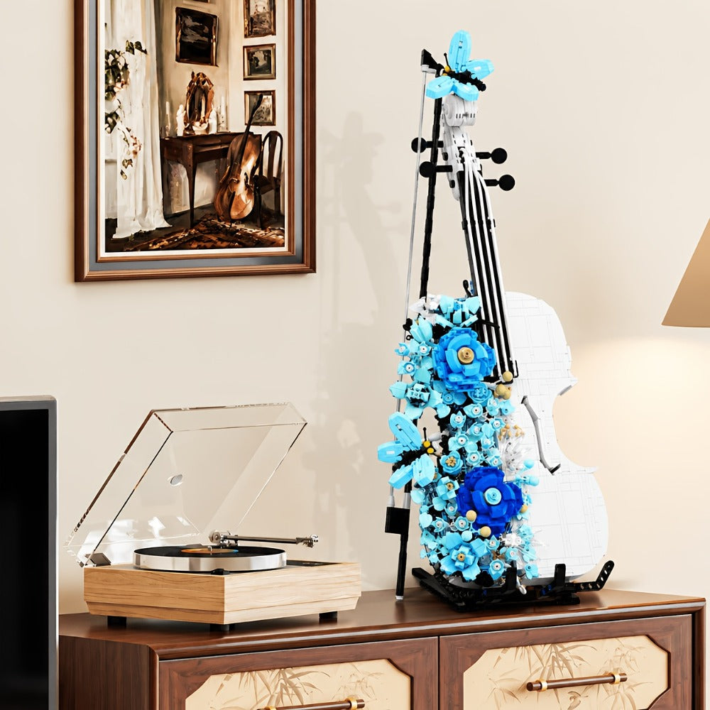 1419-Piece Flower Violin Building Block Model with Brick-Built Stand, Blue Blooms and Panel Detail — image 13