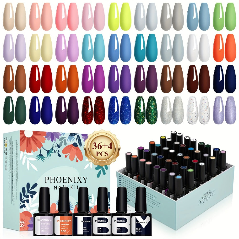 Gel Nail Polish 40-Piece Kit with 36 Colors, Base Coat, Glossy and Matte Top Coats, Glitter Shades and UV Cure — image 1