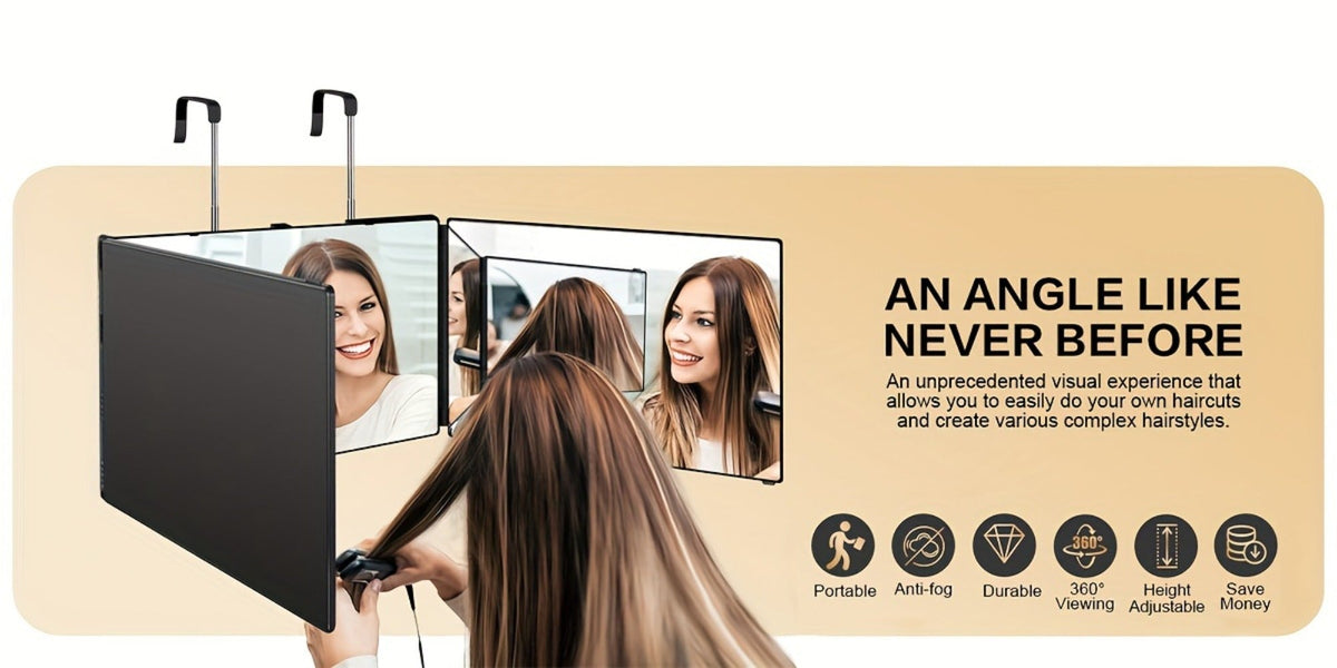 3-Way Self Haircut Mirror with LED Light & Accessories – 360° View Anti-Fog HD Glass, Height Adjustable Door Wall Table Mount
