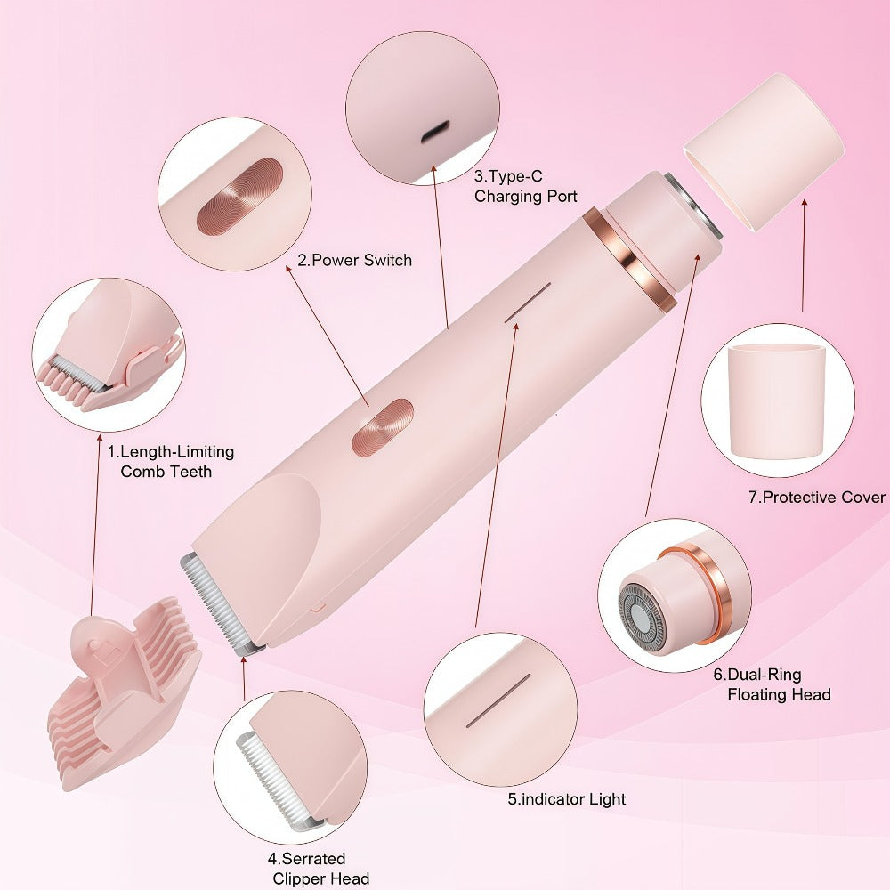Electric Hair Trimmer for Women Dual Head IPX7 Waterproof USB Rechargeable Painless Bikini Trimmer Face Body Shaver Arms Legs