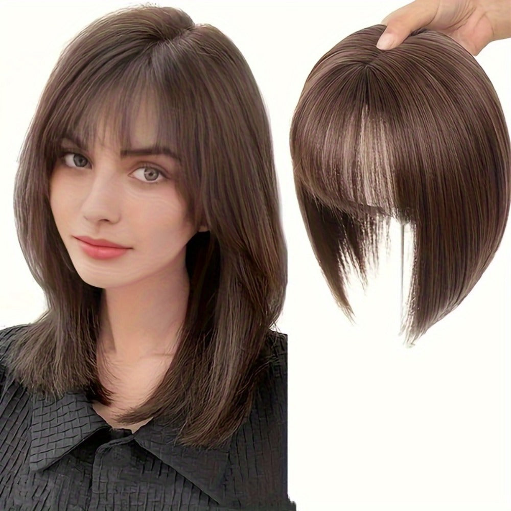 Hair Topper with Bangs for Women Thinning Hair Crown Coverage 10 Inch Lightweight Clip In Top Wig Volume Boost Black Dark Bro