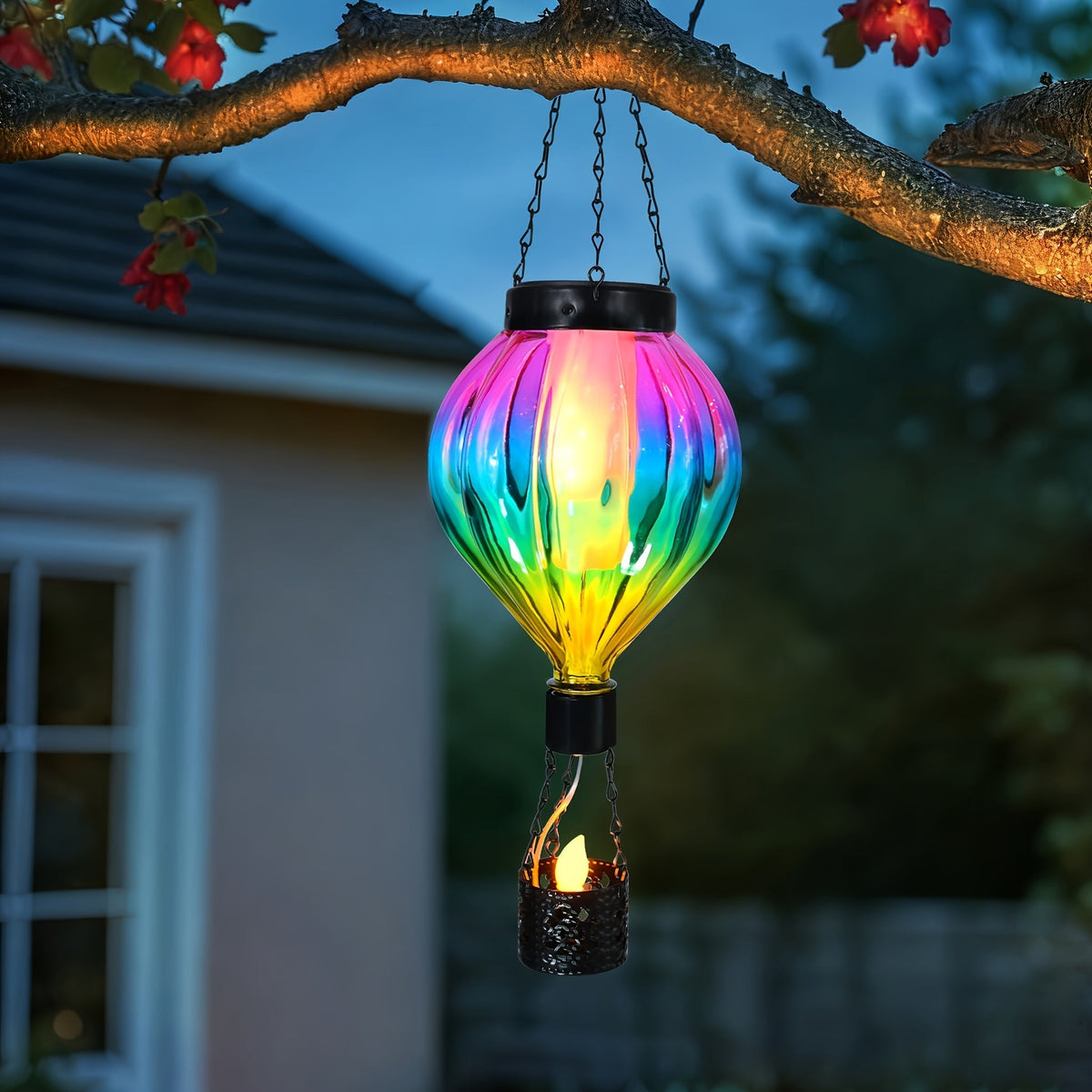 Solar Outdoor Lights Hot Air Balloon Hanging Lantern with Flame-Effect LED and Metal Frame for Garden Decor — image 1