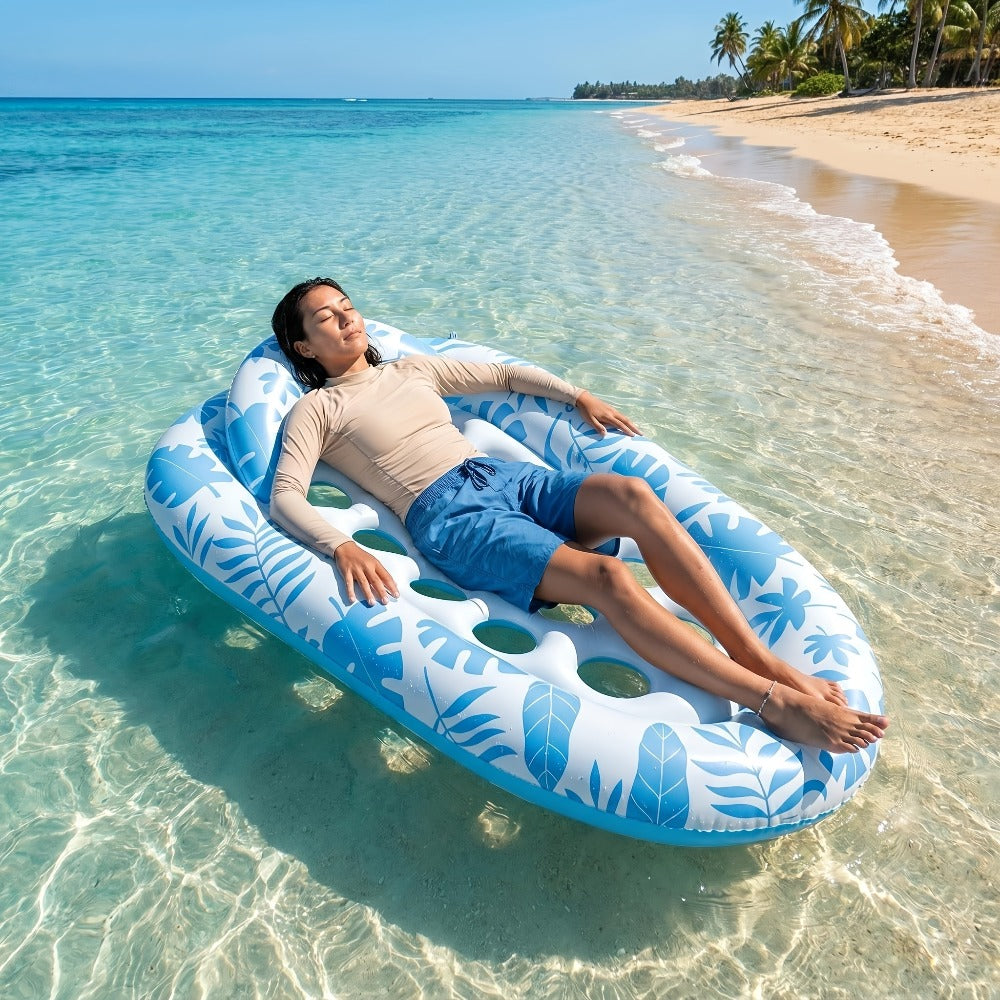 Blue-and-White Inflatable Pool Lounger with Backrest, Cup Holder and 77 x 50-Inch Pictured Size — image 10