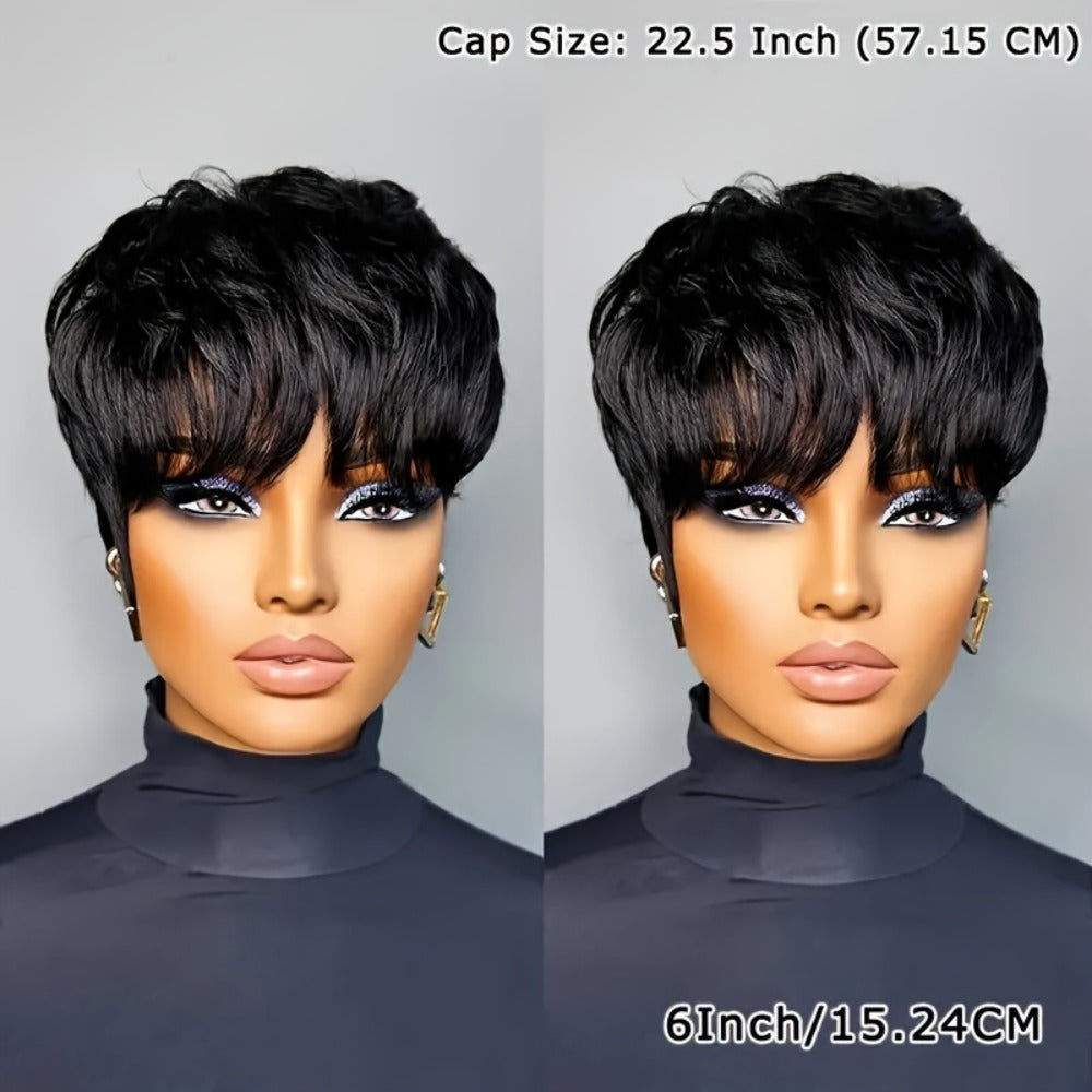 Straight Pixie Human Hair Wig with Bangs, Black 6-Inch Length and Approximately 22.5-Inch Cap — image 3
