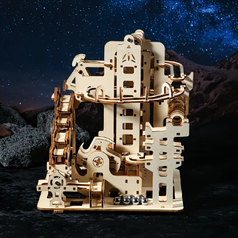 Wooden Marble Track Model Kit with Dual-Linkage A or B Builds, Laser-Cut Panels, Gears and Ball Rails — image 7