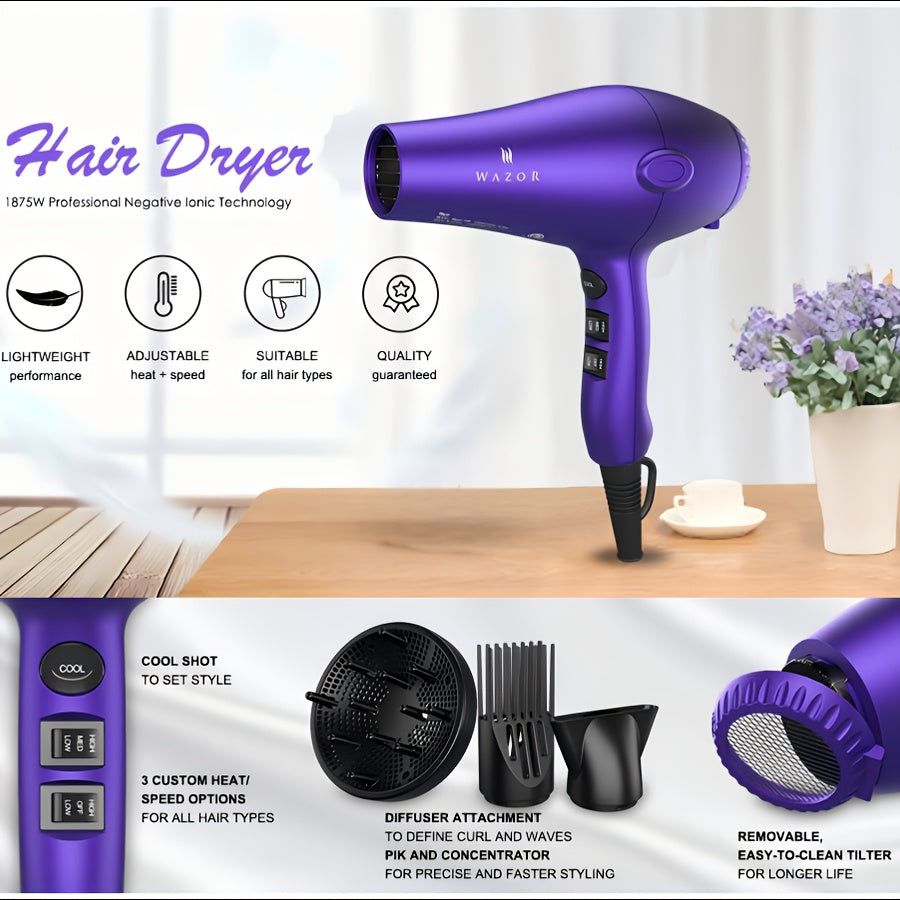 Purple WAZOR 1875W Hair Dryer with Three Heat Settings, Two Speeds, Cool Shot and Three Styling Attachments — image 9
