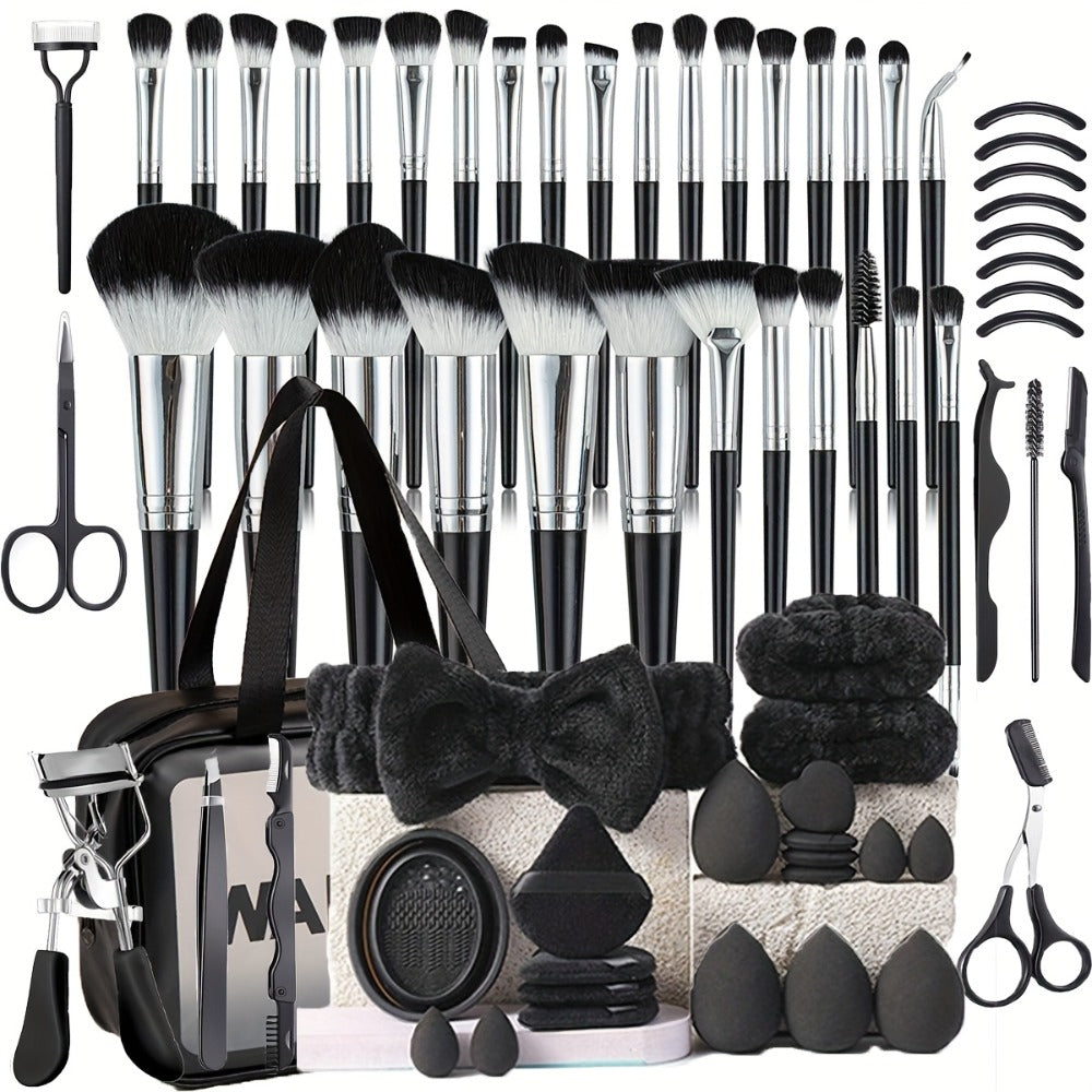 68PCS Makeup Tool Set 30 Black Brushes 17 Eyelash Tools with Wash Bowl & Bag – Complete Face Eye Lash Kit Foundation Contour 