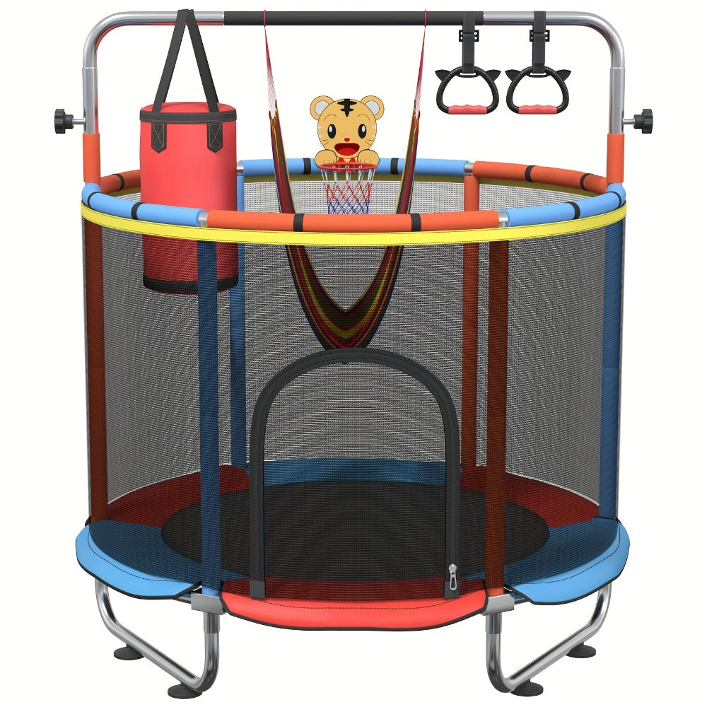 60 Inch Trampoline with Enclosure and Gymnastics Bar, Height Adjustable Indoor Outdoor Round Trampoline with Toys for Kids — 