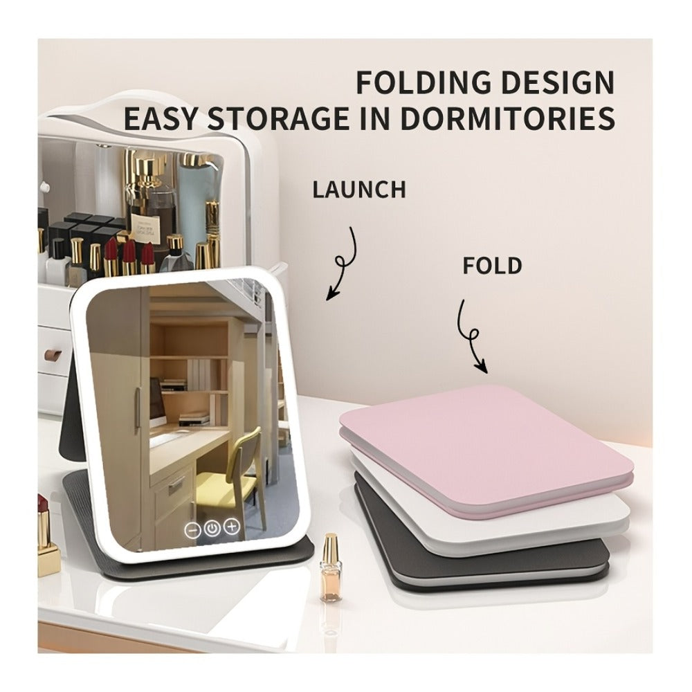 Makeup Mirror Foldable LED Travel Stand with Three Light Colors, Touch Dimming, USB Charging and Pink or White Options — imag