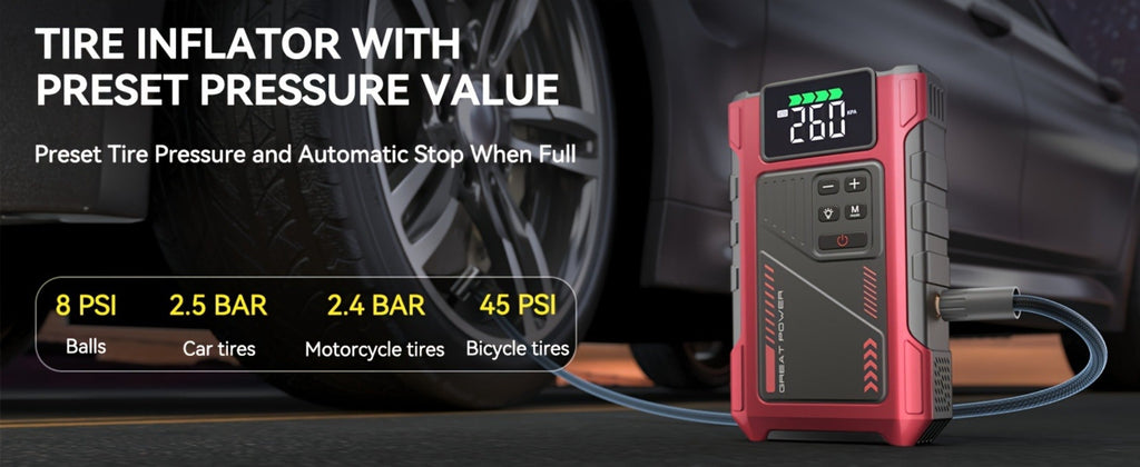 12V Jump Starter with 4000A Marking, 150 PSI-Labeled Air Compressor, Digital Pressure Display and Two Black Color Options — i