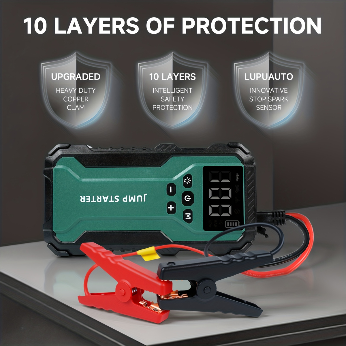 10000A Car Jump Starter with 12V Clamps, LED Light and Optional Integrated Air Pump in Red, Green or Gray — image 22