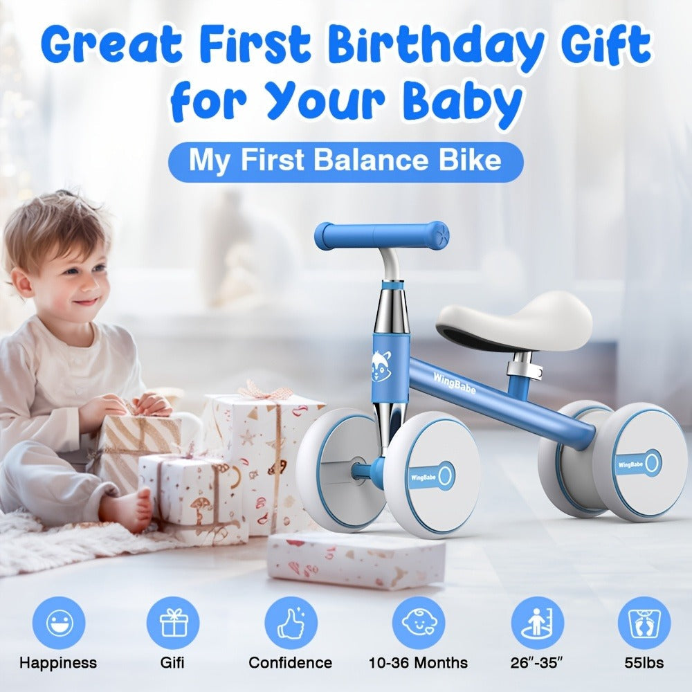 4 Wheel Balance Bike for Baby Toddlers 10-36 Months, First Bike with Adjustable Seat, 90° Steering Limit & Silent Anti-Slip T