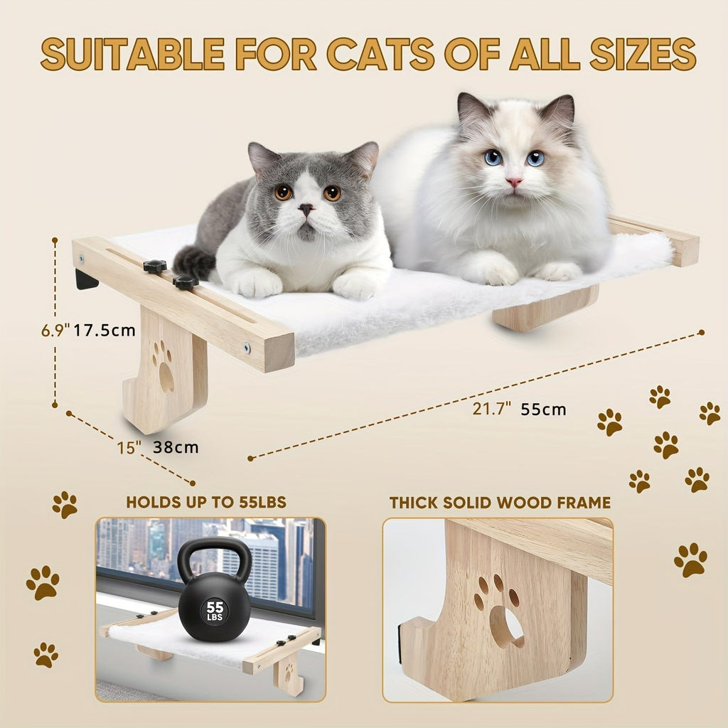 Padded Cat Windowsill Perch with 55x38cm Wood Platform, Metal Hooks, Rubber Pads and Adjustable Fit — image 3