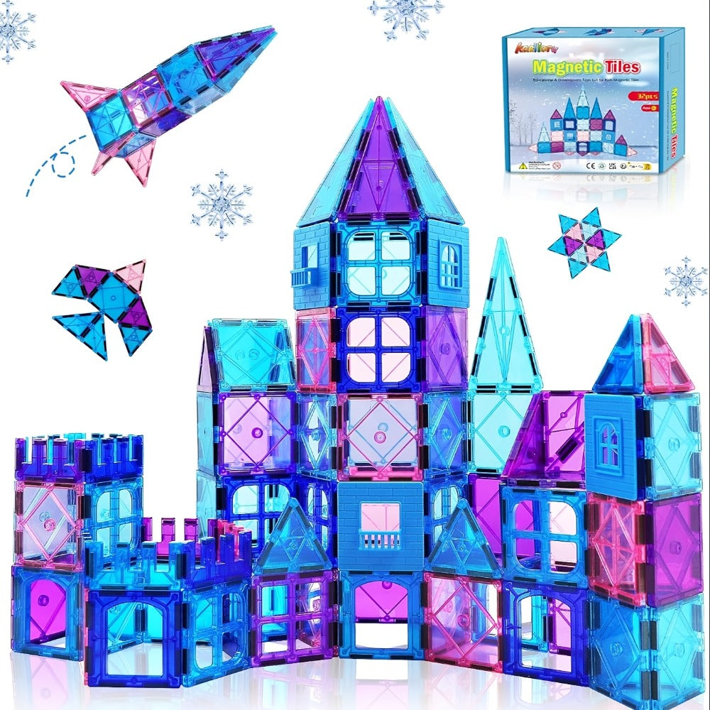 32-Piece Blue and Purple Magnetic Tile Castle Set with Squares, Triangles and Window Pieces — image 3