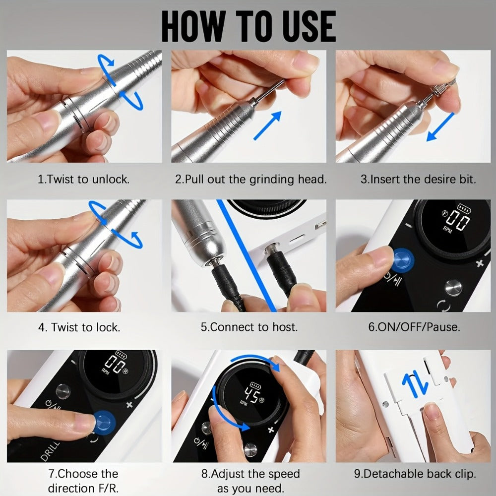 Low Noise Nail Drill Machine 45000RPM Rechargeable with LCD Display – Quiet Electric E-File for Gel Polish Acrylic Natural Na