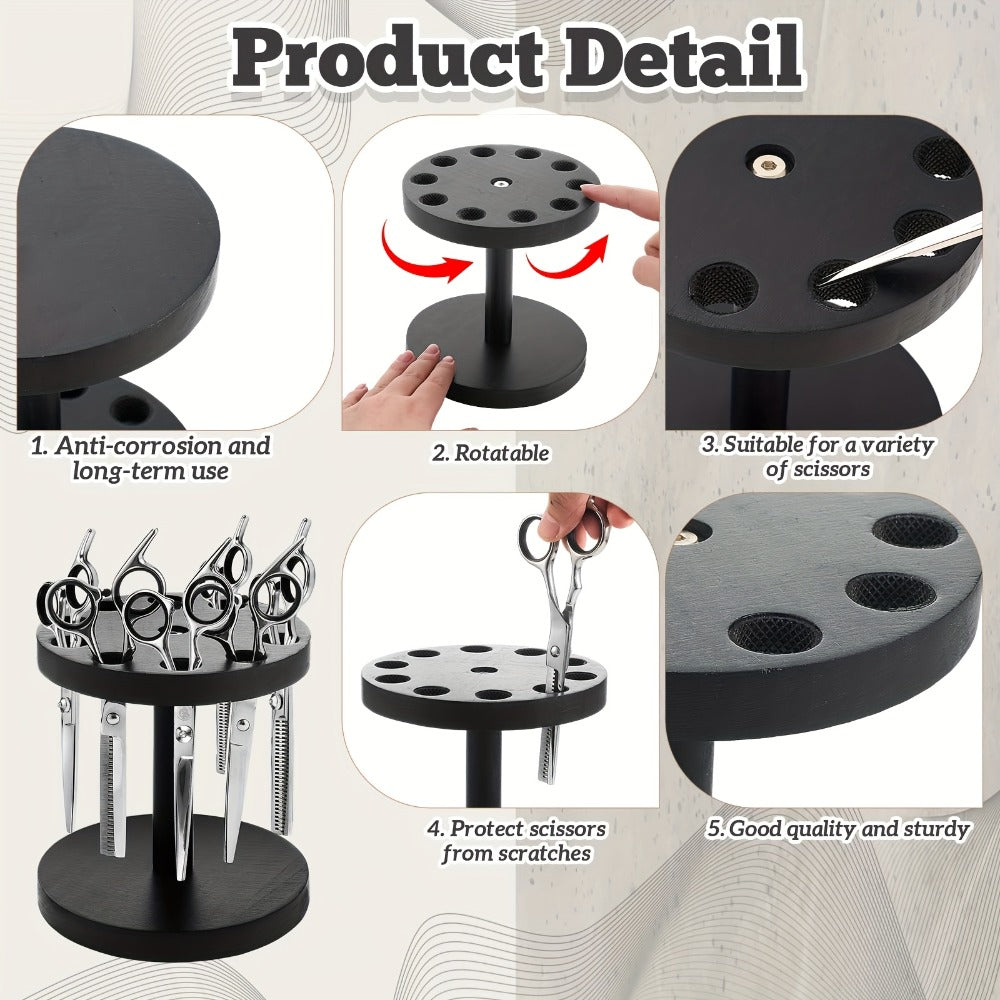 Scissor Holder Rotating 360 Degree Wooden Barber Shears Stand Organizer 10 Holes 0.71 Inch for Salon Hair Stylist Barbershop 