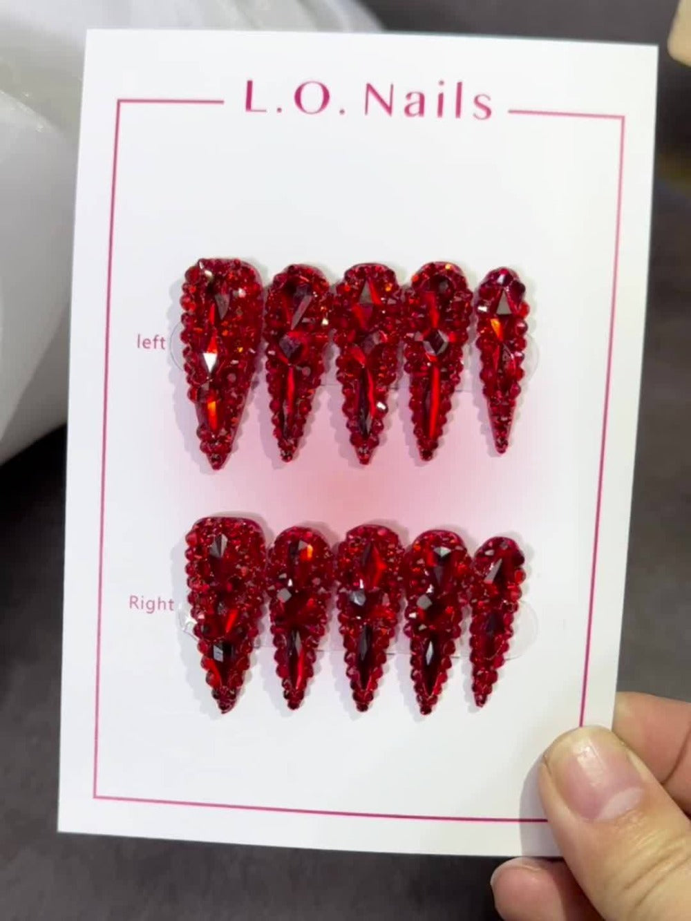Press On Nails 10-Piece Long Water-Drop Set with Red Glass Glitter and Removable Self-Adhesive Gel Tabs — image 10
