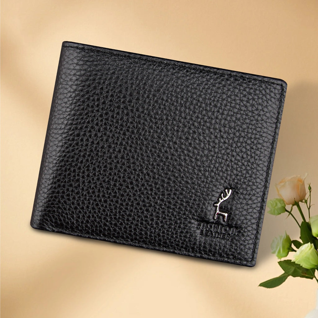 Black Men's Genuine Leather Wallet Cowhide Short Bifold