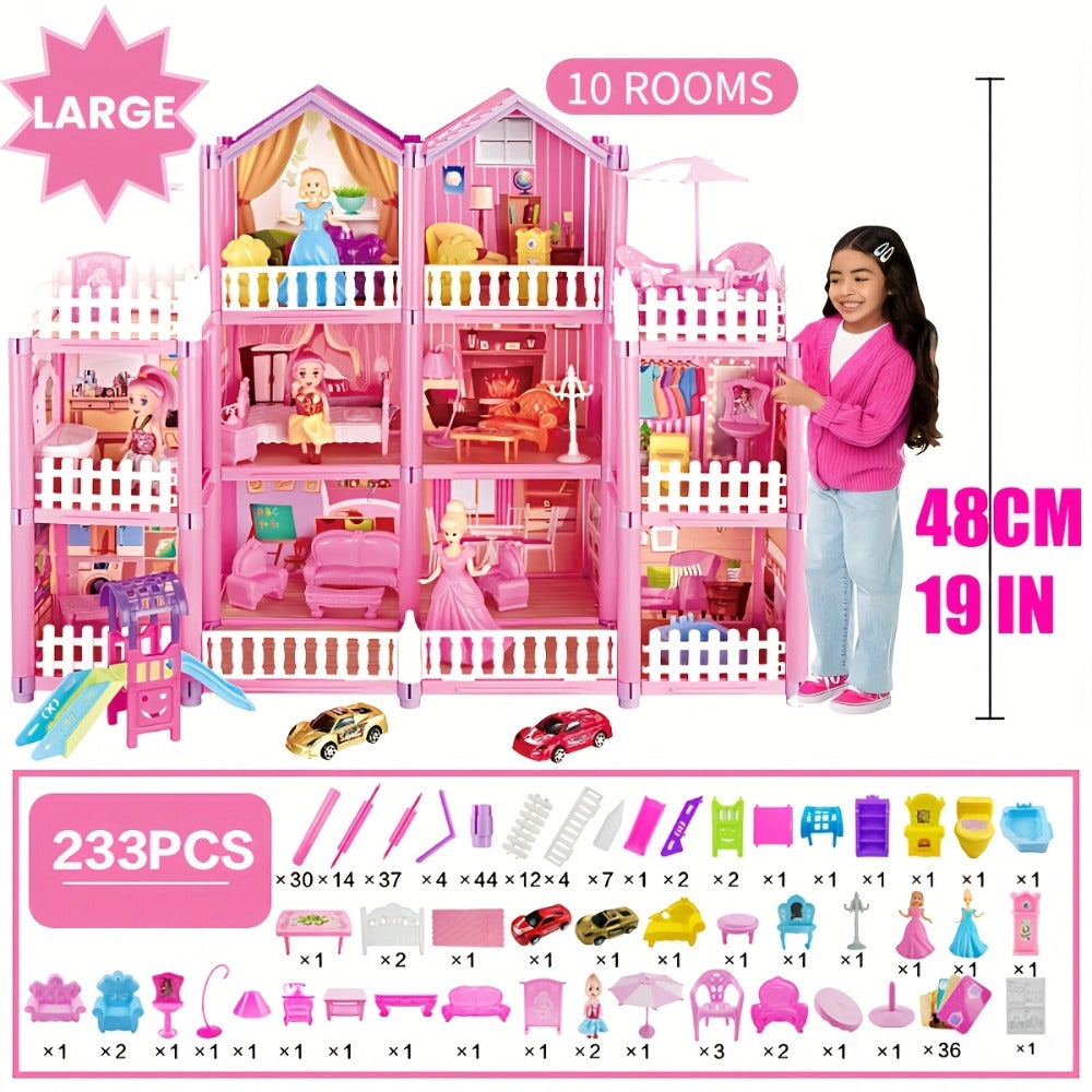 Princess Doll House Castle with Furniture & Accessories, Pink or Blue Mini Villa Playset 14 to 27 Rooms — image 9
