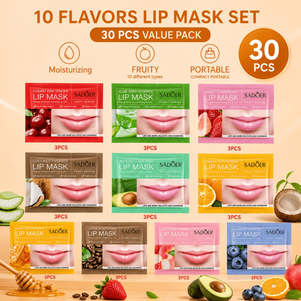 Thirty Individually Wrapped SADOER Lip Mask Sachets with 8g*30pcs Checkout Label and Assorted Graphics — image 1