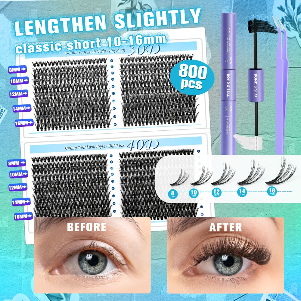 800-Piece 30D and 40D Lash Cluster Kit with Mixed 8–16mm Lengths, Bond-Seal Tube and Tweezers — image 2