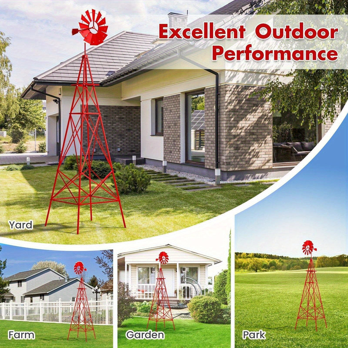 Decorative Windmill 8 ft Metal Outdoor Garden Windmill with Weathervane 4 Ground Stakes All-Weather for Garden, Patio and Yar