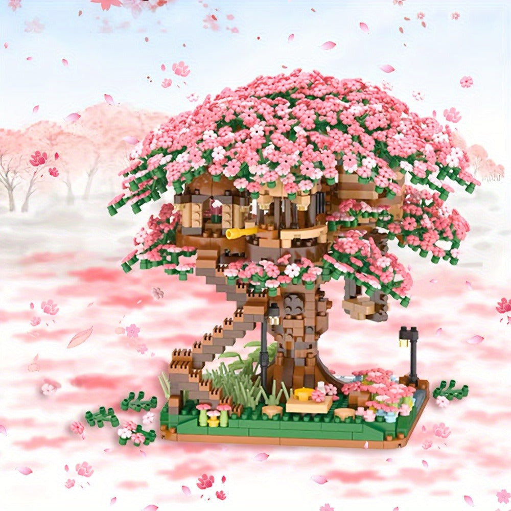 Building Block Set Cherry Blossom Tree House, 1020 or 2028 Micro Pieces with Pink Canopy and Base Display — image 4