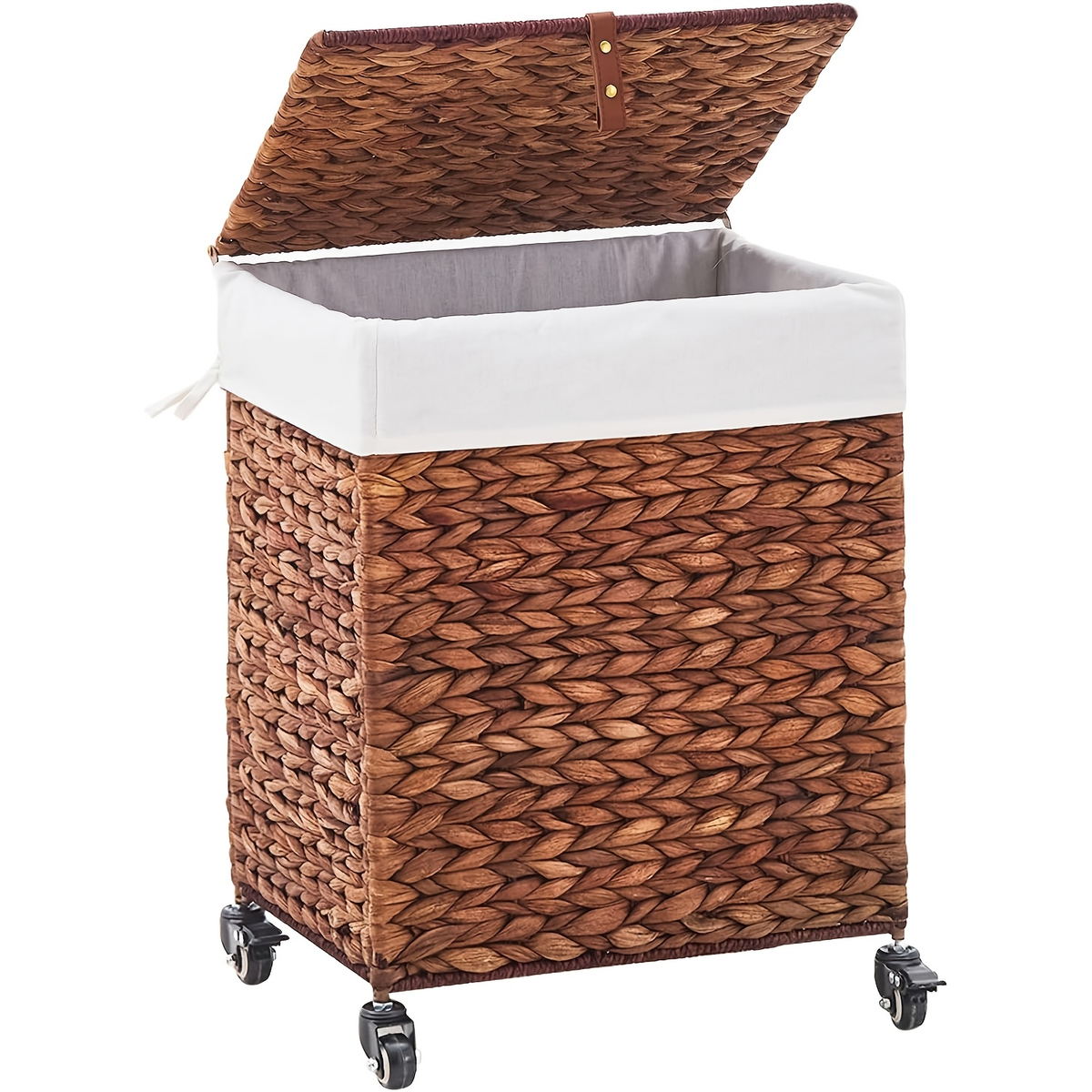Laundry Basket with Lid & Handles – Handwoven Water Hyacinth Wicker Hamper, Removable Cotton Liner — image 14
