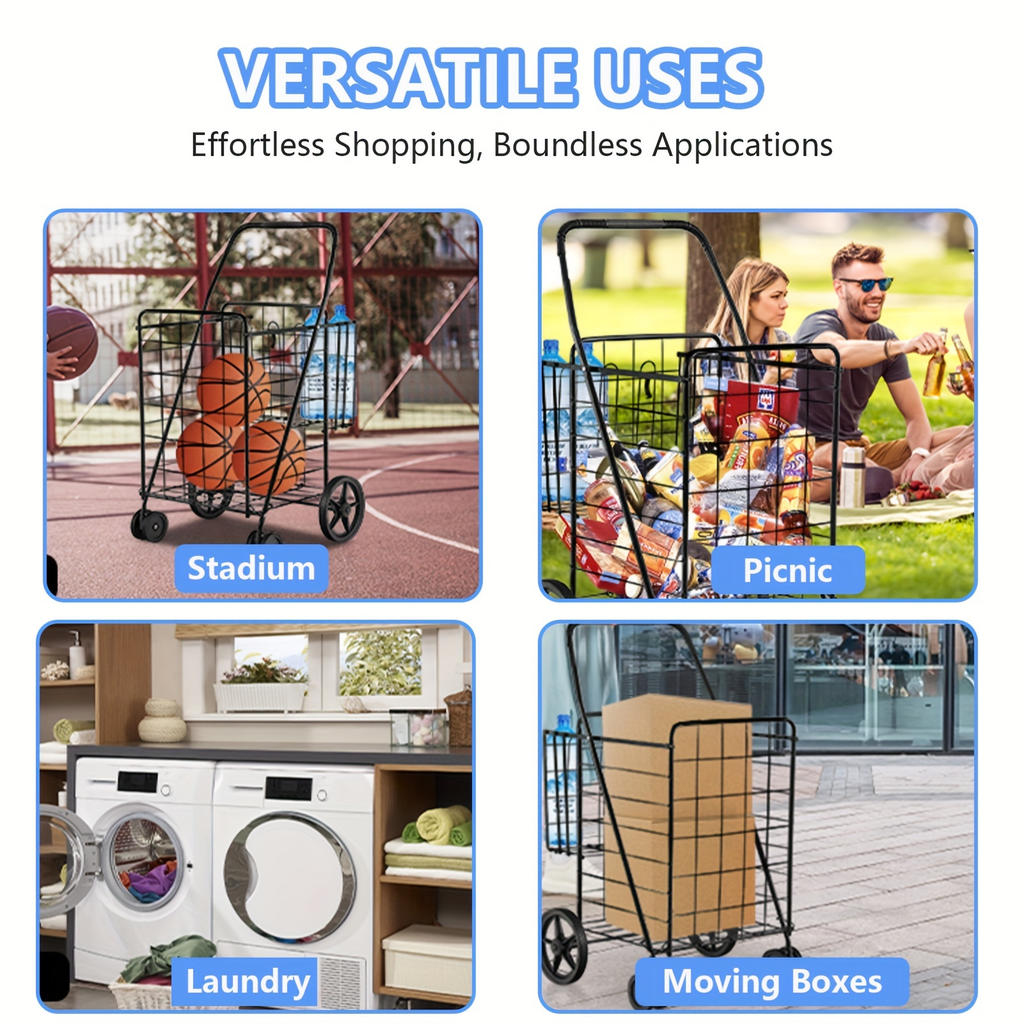 Folding Grocery Cart on Wheels, Double Basket Shopping Cart for Groceries Laundry Foldable Utility Cart — image 4