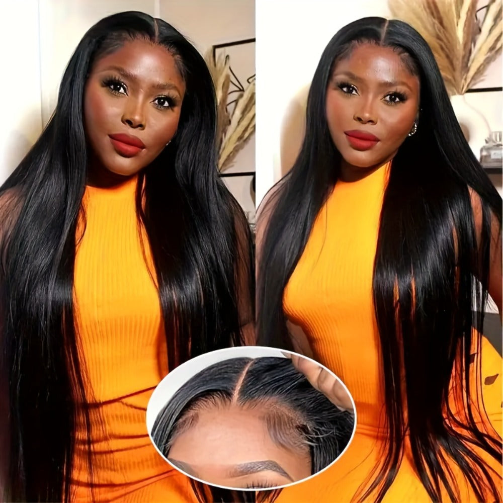 Wig Bone-Straight Glueless Human Hair in Natural Black, 10-34 Inch Options with Pre-Cut 6x4.5 Lace — image 3