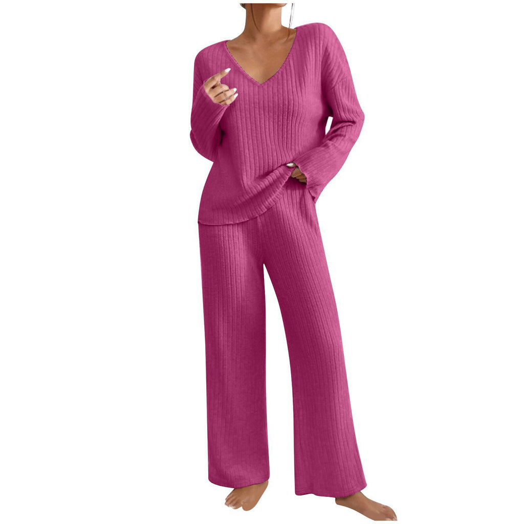 Long Sleeve V-neck Knitted Sunken Stripe Brushed Loose Leisure Suit