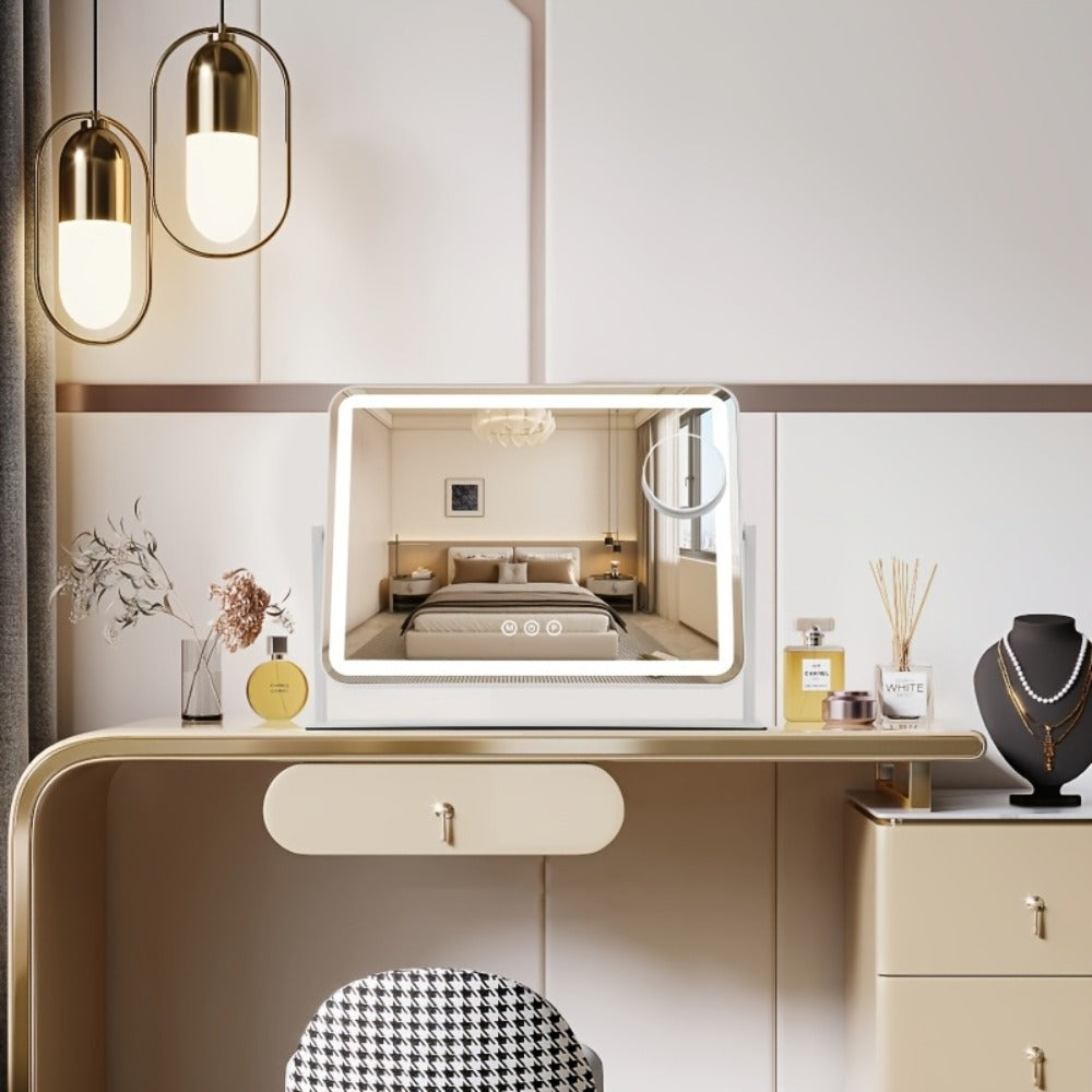 LED Vanity Mirror, Rectangular Tabletop Makeup Mirror with Touch Dimming and Three Light Colors on a Rotating Stand — image 1