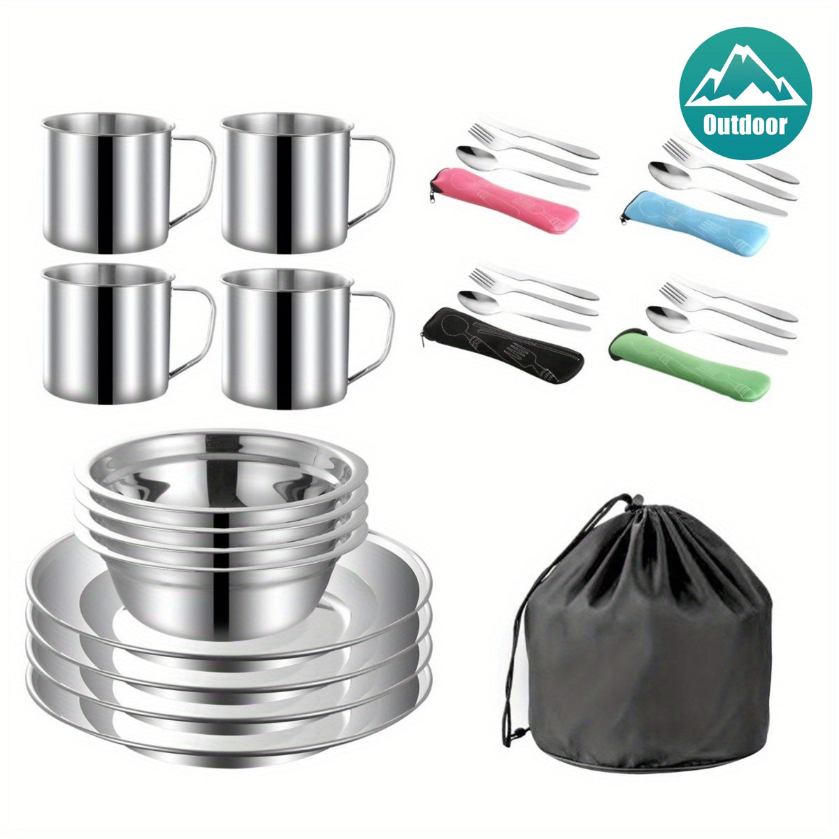 Stainless Steel Camping Mess Kit 29 Piece Dinnerware Set – Plates Bowls Mugs Cutlery, for Camping, Travel and Outdoor Use — i