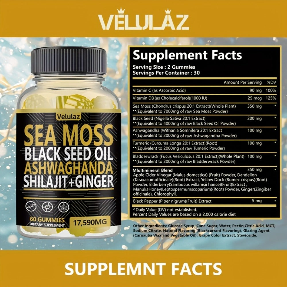 Sea Moss Herbal Gummies, 60 Count with Black Seed Oil, Ashwagandha, Shilajit and Ginger Blend — image 2