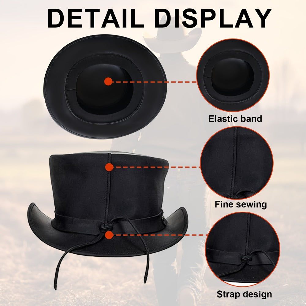 Genuine Leather Top Hat Steampunk – Shapeable Wide Brim Gentleman Hat for Men Women, Halloween Costume Topper, Deadman Victor