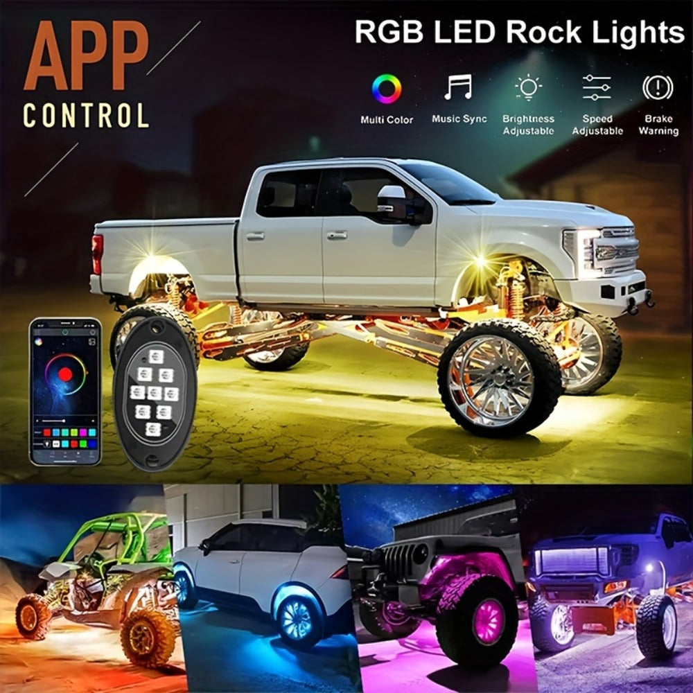 RGB LED Rock Lights Kit for Trucks & Off-Road – App & Remote Control, Music Mode, Underglow Neon Lights for SUV, ATV, UTV — i
