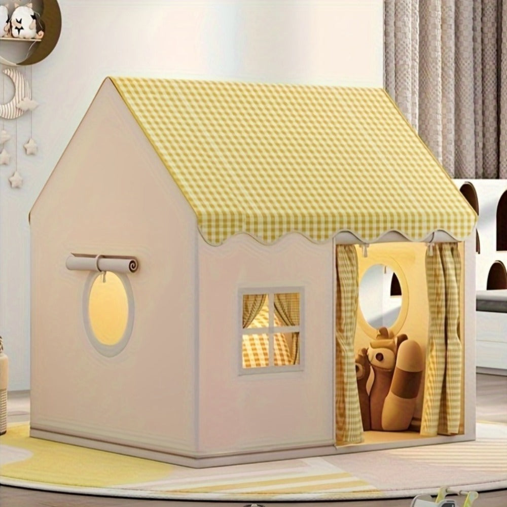 Checked Cabin Kids Play Tent in Pink, Khaki or Yellow with 130 x 120 x 100cm House Frame and Scalloped Roof — image 7