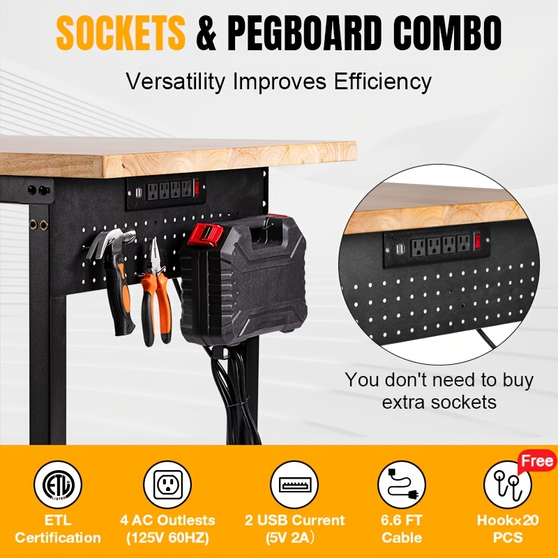 Adjustable 28–40-Inch Wood-Top Workbench in 60- or 96-Inch Widths with Pegboard, Wheels and Power Strip — image 9