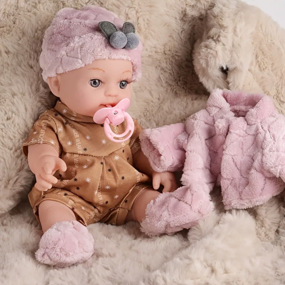 Bunny Ear Baby Doll 12 Inch Pink, Fluffy Bunny Ears PVC Realistic Newborn Comfort Doll, Cute Plush Toy for Boys & Girls Ages 